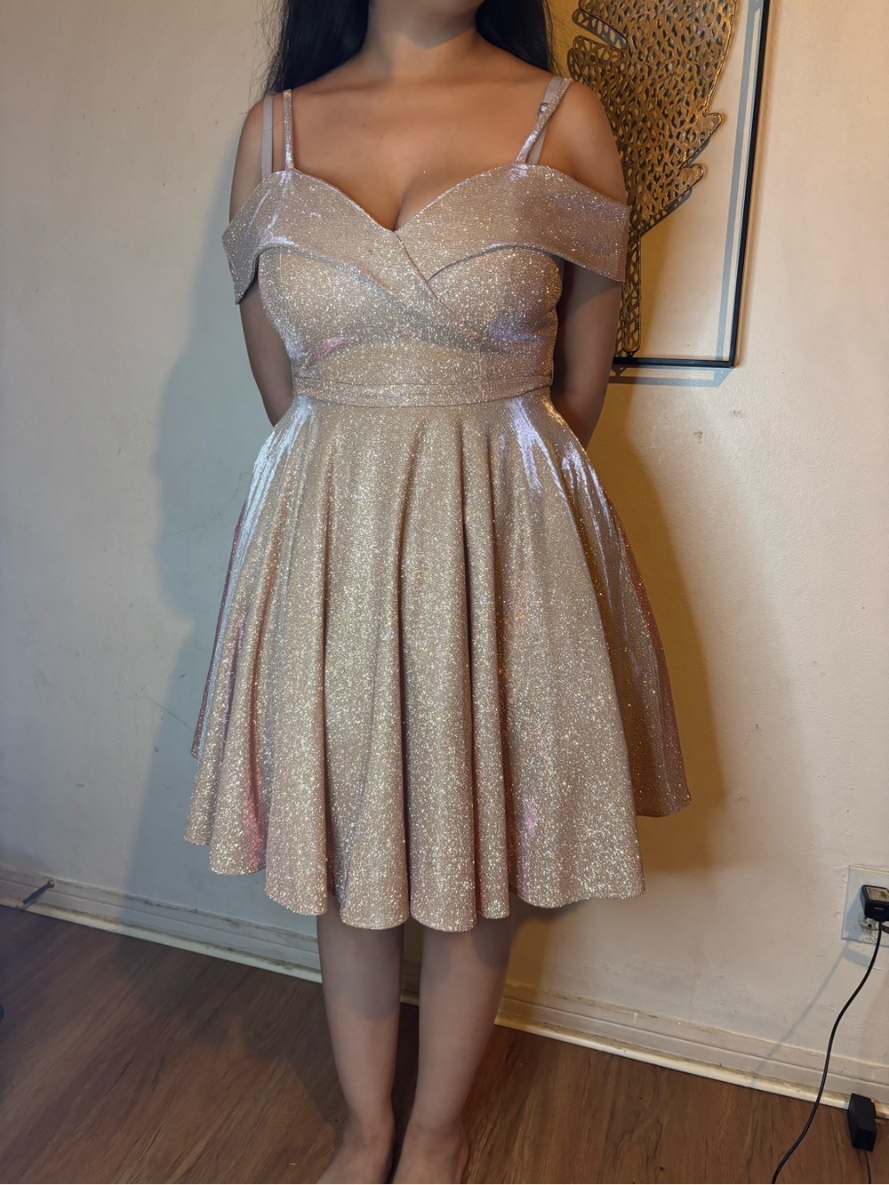 Glitter Off-Shoulder Sweetheart Mini Dress - Blush